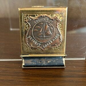 Vintage match book holder brass “hold a lite” souvenir Sailboat Detroit lakes